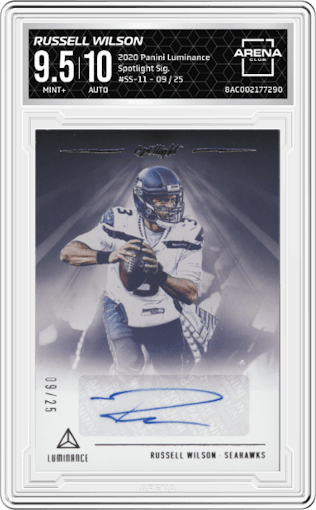 Russell Wilson from the 2020 Panini Luminance set graded by Arena Club and given an overall grade of 9.5.