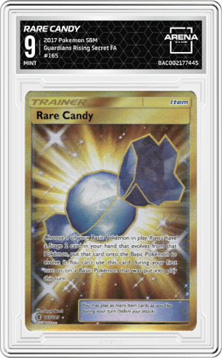 Rare Candy from the 2017 Pokemon S&M set graded by Arena Club and given an overall grade of 9.