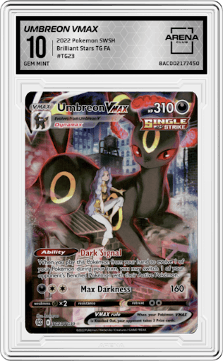 Umbreon VMAX from the 2022 Pokemon SWSH set graded by Arena Club and given an overall grade of 10.