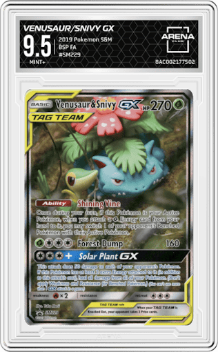 Venusaur/Snivy GX from the 2019 Pokemon S&M  set graded by Arena Club and given an overall grade of 9.5.