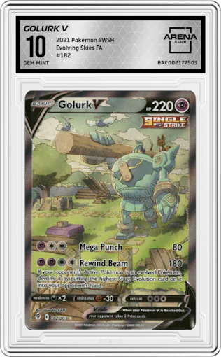 Golurk V from the 2021 Pokemon SWSH set graded by Arena Club and given an overall grade of 10.