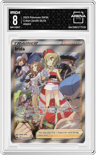 Irida from the 2023 Pokemon SWSH set graded by Arena Club and given an overall grade of 8.