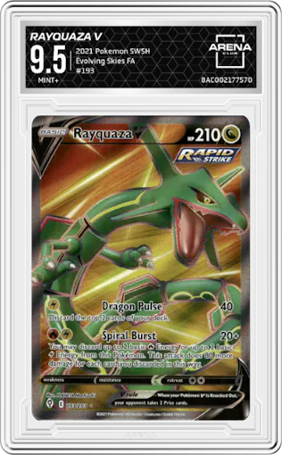 Rayquaza V from the 2021 Pokemon SWSH set graded by Arena Club and given an overall grade of 9.5.