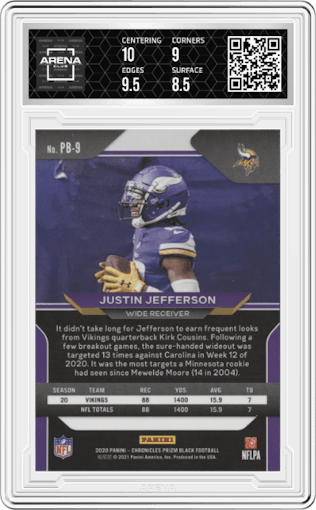 Justin Jefferson from the 2020 Panini Chronicles set graded by Arena Club and given an overall grade of 9.