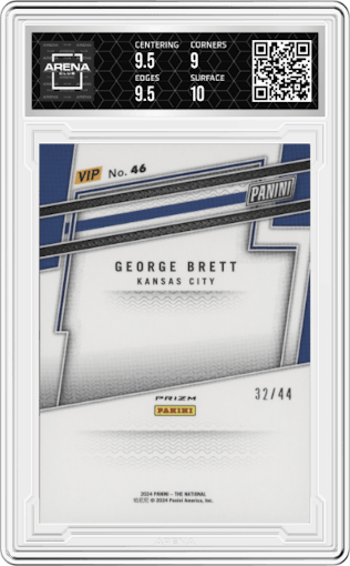 George Brett from the 2024 Panini The National VIP set featuring a National parallel graded by Arena Club and given an overall grade of 9.5.