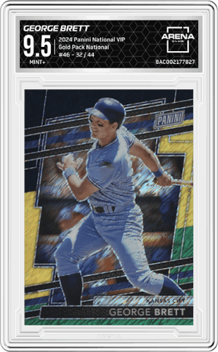 George Brett from the 2024 Panini The National VIP set featuring a National parallel graded by Arena Club and given an overall grade of 9.5.