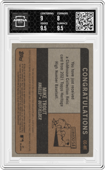 Mike Trout from the 2021 Topps Heritage High Number set featuring a Gold parallel graded by Arena Club and given an overall grade of 8.5.