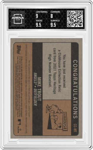Mike Trout from the 2021 Topps Heritage High Number set featuring a Gold parallel graded by Arena Club and given an overall grade of 8.5.