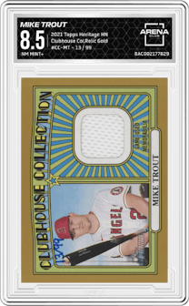 Mike Trout from the 2021 Topps Heritage High Number set featuring a Gold parallel graded by Arena Club and given an overall grade of 8.5.