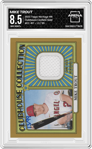 Mike Trout from the 2021 Topps Heritage High Number set featuring a Gold parallel graded by Arena Club and given an overall grade of 8.5.