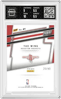 Yao Ming from the 2024 Panini The National VIP set featuring a Purple Sparkle parallel graded by Arena Club and given an overall grade of 9.5.