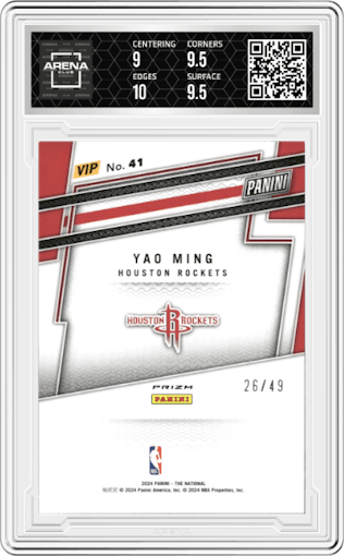 Yao Ming from the 2024 Panini The National VIP set featuring a Purple Sparkle parallel graded by Arena Club and given an overall grade of 9.5.