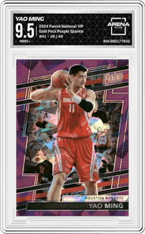 Yao Ming from the 2024 Panini The National VIP set featuring a Purple Sparkle parallel graded by Arena Club and given an overall grade of 9.5.