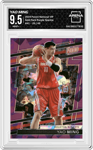 Yao Ming from the 2024 Panini The National VIP set featuring a Purple Sparkle parallel graded by Arena Club and given an overall grade of 9.5.