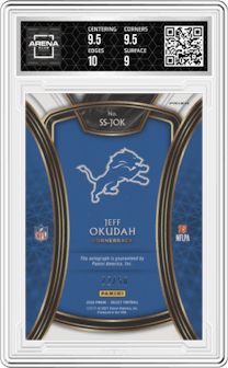 Jeff Okudah from the 2020 Panini Select set featuring a Blue Prizm parallel graded by Arena Club and given an overall grade of 9.5.