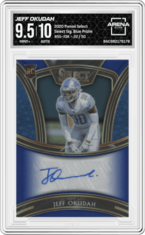 Jeff Okudah from the 2020 Panini Select set featuring a Blue Prizm parallel graded by Arena Club and given an overall grade of 9.5.