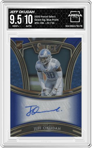 Jeff Okudah from the 2020 Panini Select set featuring a Blue Prizm parallel graded by Arena Club and given an overall grade of 9.5.