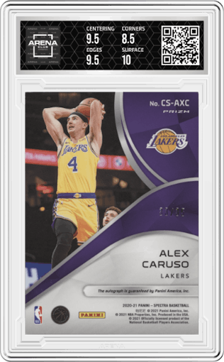 Alex Caruso from the 2020-21 Panini Spectra set featuring a Astral parallel graded by Arena Club and given an overall grade of 9.