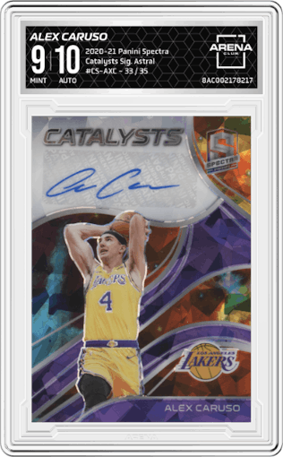 Alex Caruso from the 2020-21 Panini Spectra set featuring a Astral parallel graded by Arena Club and given an overall grade of 9.