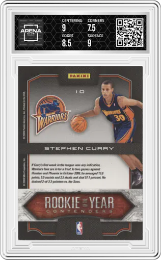 Stephen Curry from the 2009-10 Panini Playoff Contenders set graded by Arena Club and given an overall grade of 8.