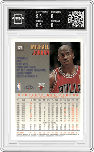 Michael Jordan from the 1997-98 Topps Chrome set graded by Arena Club and given an overall grade of 8.5.