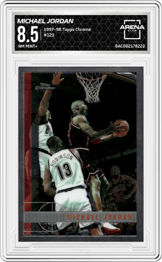 Michael Jordan from the 1997-98 Topps Chrome set graded by Arena Club and given an overall grade of 8.5.