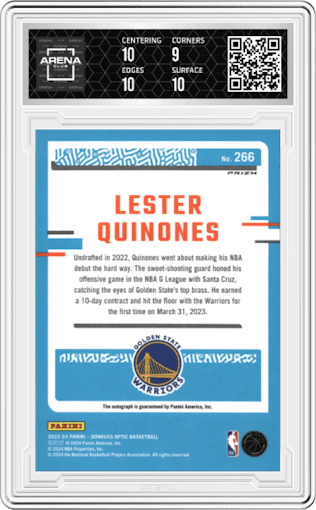 Lester Quinones from the 2023-24 Donruss Optic set featuring a Holo parallel graded by Arena Club and given an overall grade of 9.5.