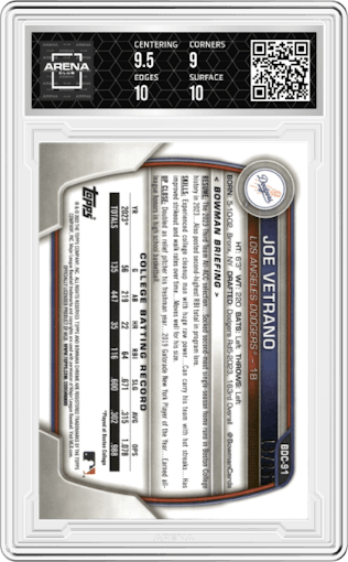 Joe Vetrano from the 2023 Bowman Draft Sapphire set featuring a Orange parallel graded by Arena Club and given an overall grade of 9.5.