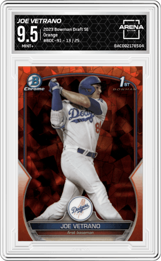 Joe Vetrano from the 2023 Bowman Draft Sapphire set featuring a Orange parallel graded by Arena Club and given an overall grade of 9.5.