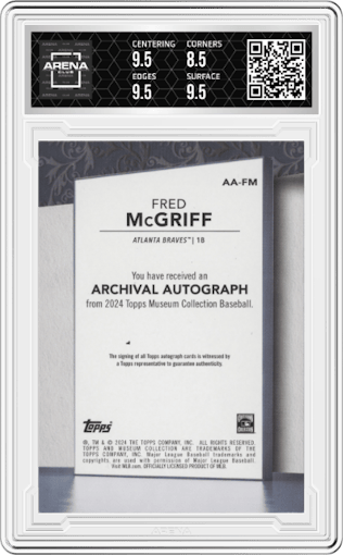 Fred McGriff from the 2024 Topps Museum Collection set featuring a Sapphire parallel graded by Arena Club and given an overall grade of 9.