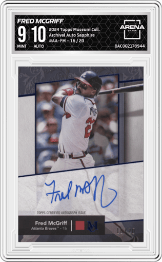 Fred McGriff from the 2024 Topps Museum Collection set featuring a Sapphire parallel graded by Arena Club and given an overall grade of 9.