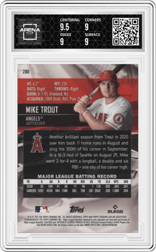 Mike Trout from the 2021 Topps Stadium Club Chrome set featuring a Gold Minted parallel graded by Arena Club and given an overall grade of 9.