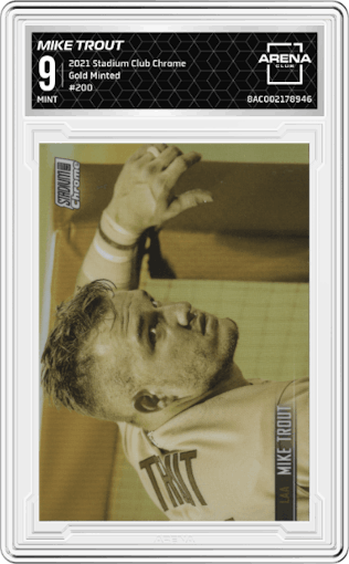 Mike Trout from the 2021 Topps Stadium Club Chrome set featuring a Gold Minted parallel graded by Arena Club and given an overall grade of 9.