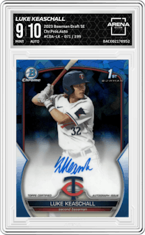 Luke Keaschall from the 2023 Bowman Draft Sapphire set graded by Arena Club and given an overall grade of 9.
