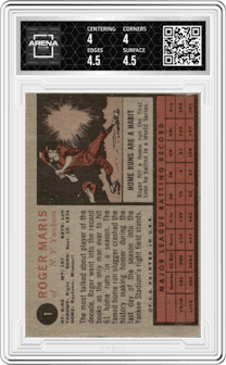 Roger Maris from the 1962 Topps set graded by Arena Club and given an overall grade of 4.5.