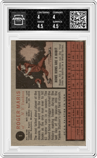 Roger Maris from the 1962 Topps set graded by Arena Club and given an overall grade of 4.5.