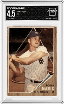 Roger Maris from the 1962 Topps set graded by Arena Club and given an overall grade of 4.5.