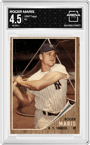 Roger Maris from the 1962 Topps set graded by Arena Club and given an overall grade of 4.5.