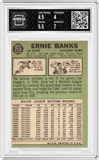 Ernie Banks from the 1967 Topps set graded by Arena Club and given an overall grade of 4.5.