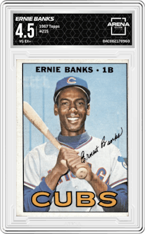 Ernie Banks from the 1967 Topps set graded by Arena Club and given an overall grade of 4.5.