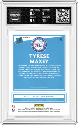 Tyrese Maxey from the 2020-21 Panini Donruss Optic set featuring a Fanatics Box Set parallel graded by Arena Club and given an overall grade of 9.5.