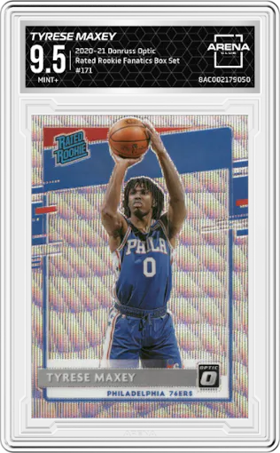 Tyrese Maxey from the 2020-21 Panini Donruss Optic set featuring a Fanatics Box Set parallel graded by Arena Club and given an overall grade of 9.5.