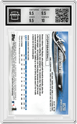 Ronald Acuna Jr. from the 2018 Topps Update set graded by Arena Club and given an overall grade of 10.