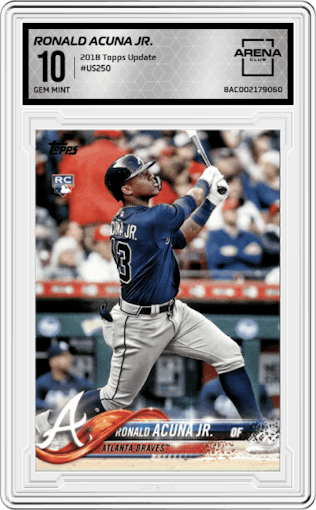 Ronald Acuna Jr. from the 2018 Topps Update set graded by Arena Club and given an overall grade of 10.