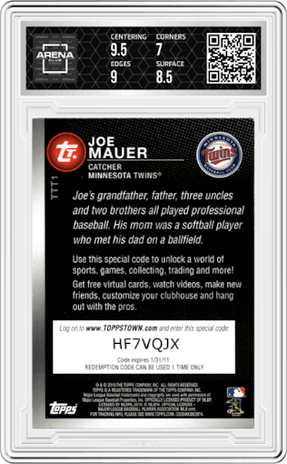 Joe Mauer from the 2023 Topps Archives Signature Series Retired Player Edition set graded by Arena Club and given an overall grade of 7.5.