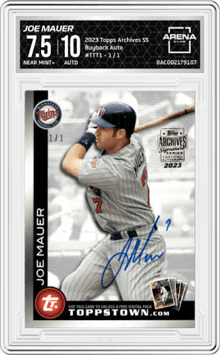 Joe Mauer from the 2023 Topps Archives Signature Series Retired Player Edition set graded by Arena Club and given an overall grade of 7.5.