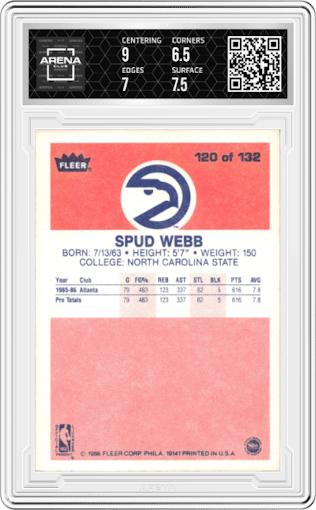 Spud Webb from the 1986-87 Fleer set graded by Arena Club and given an overall grade of 7.