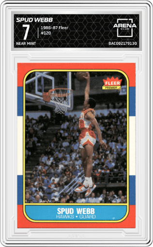 Spud Webb from the 1986-87 Fleer set graded by Arena Club and given an overall grade of 7.