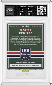 Jackson Holliday from the 2022 Panini USA Baseball Stars & Stripes set graded by Arena Club and given an overall grade of 9.5.