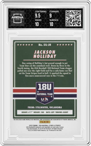 Jackson Holliday from the 2022 Panini USA Baseball Stars & Stripes set graded by Arena Club and given an overall grade of 9.5.